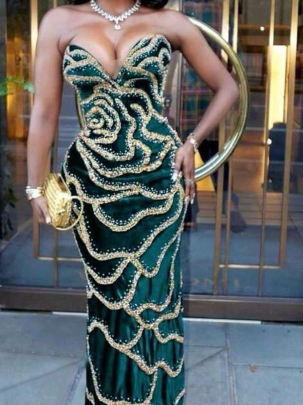 SHEIN Emerald Green Strapless Sequin Gown with Gold Embellishment